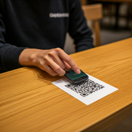 Restaurant customer scanning QR code on table